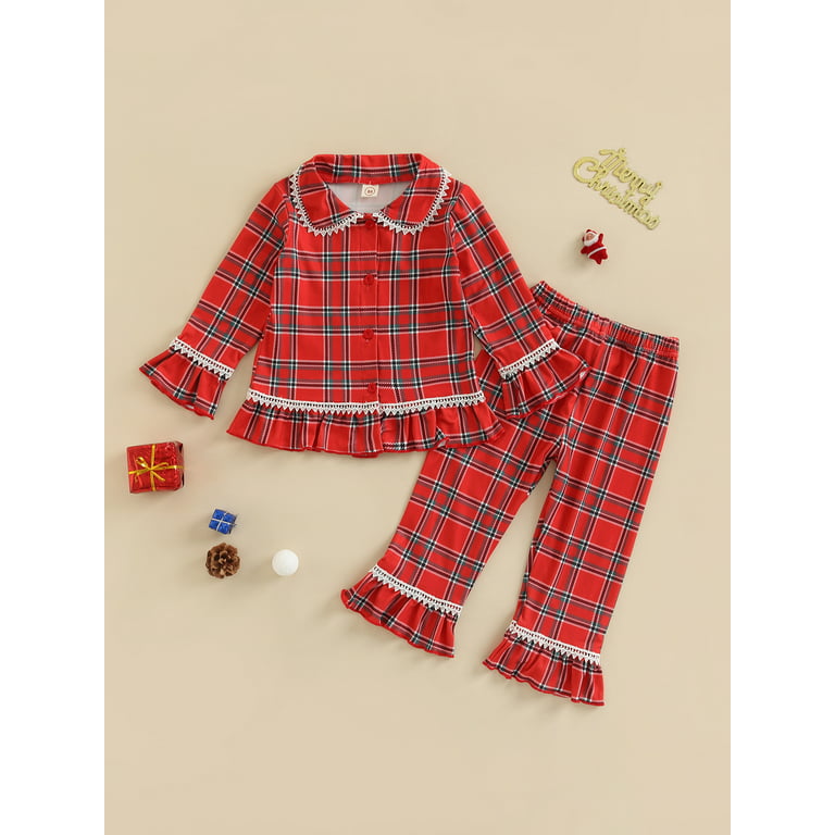 Kids Girl Pajamas Christmas Red Plaid Print Long Sleeve Lapel Collar Button  Down Top Shirt Pants Nightwear