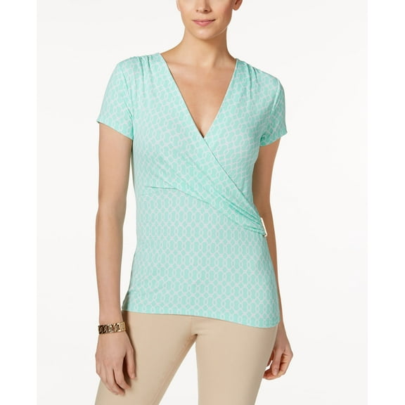 Charter Club Printed Faux Wrap Top Opal Bubble Combo XL