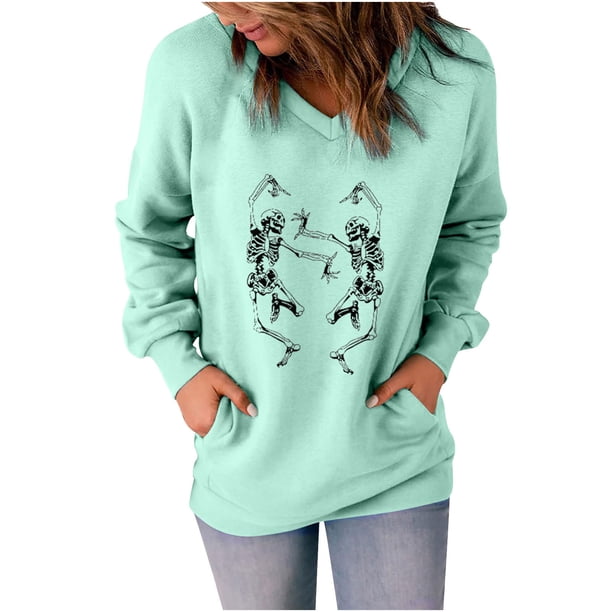 Sudadera clásica de manga larga con cuello en V y estampado de Halloween para mujer Pompotops FGAJ15119