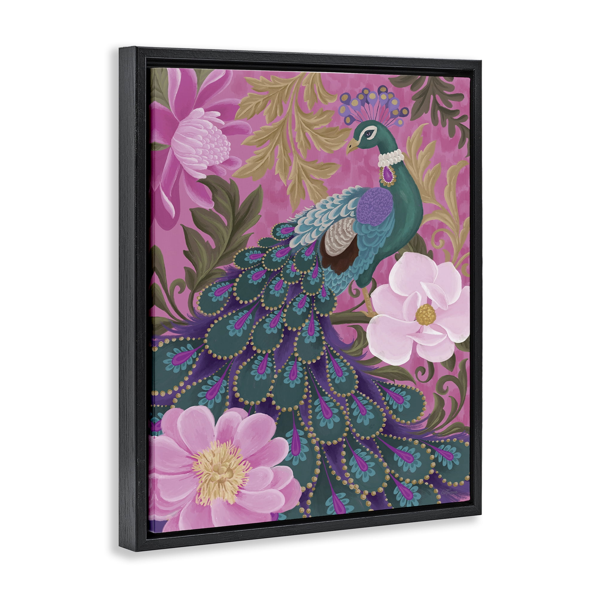 Stupell Industries Peacock & Pink Blossoms Animals & Insects Painting Black Floater Framed Canvas Art Print Wall Art, 25 x 31