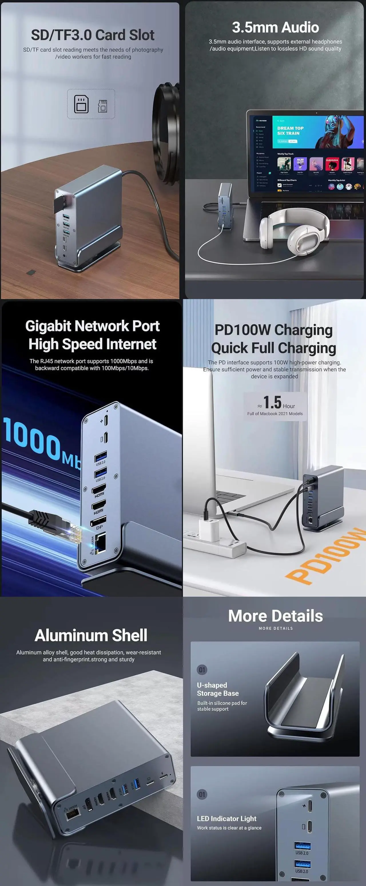Vertical Laptop Docking Station 3 Monitors, 15-in-1 USB C Dock Station Hub Triple Display with 2X 4K HDMI & 1x DP, 10Gbps USB-C and USB-A 3.2 Data, 100W PD Charging+Ethernet+SD/TF+Audio