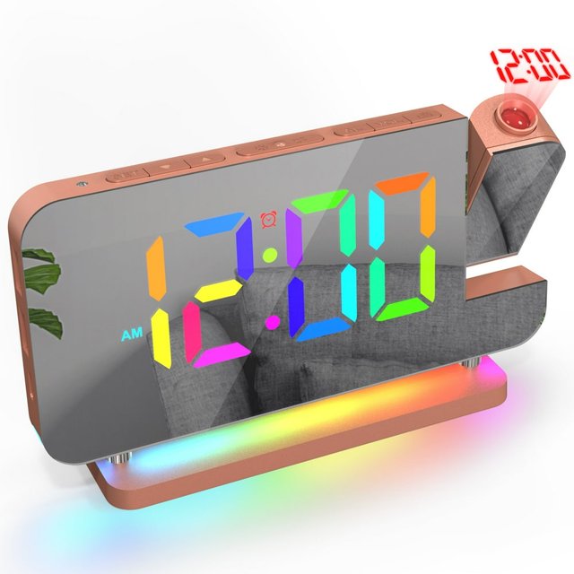 2024 Projection Alarm Clock Digital Clock with RGB Night Light 7” Large LED Screen Rose Gold