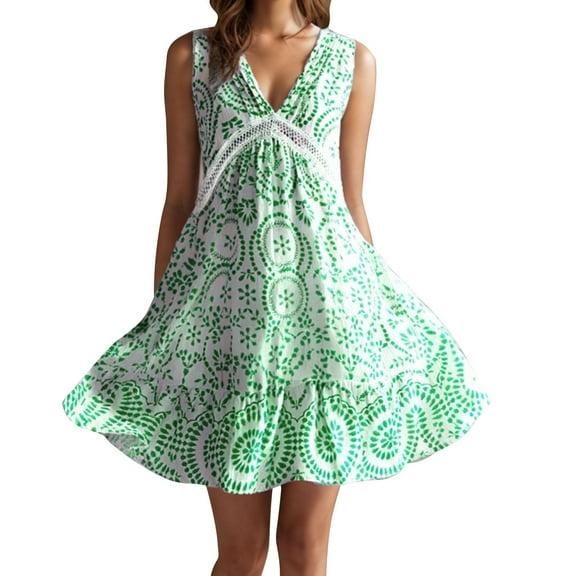 Hvot&aat Women's Beach Smock Floral Print Patchwork Ruffle Dress Sleeveless V-Neck A-Line Boho Dress