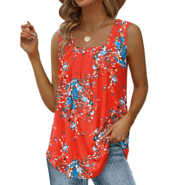 Camiseta sin mangas con pliegues en la parte delantera, camiseta sin mangas para mujer, blusa sin mangas con estampado floral, camiseta sin mangas con estampado floral diseñada meticulosamente