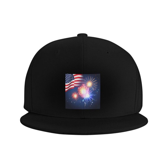 Snapback Hat America Flag Colored Fireworks Flat Brim Adjustable Baseball Cap for Men Women Trucker Hat Black