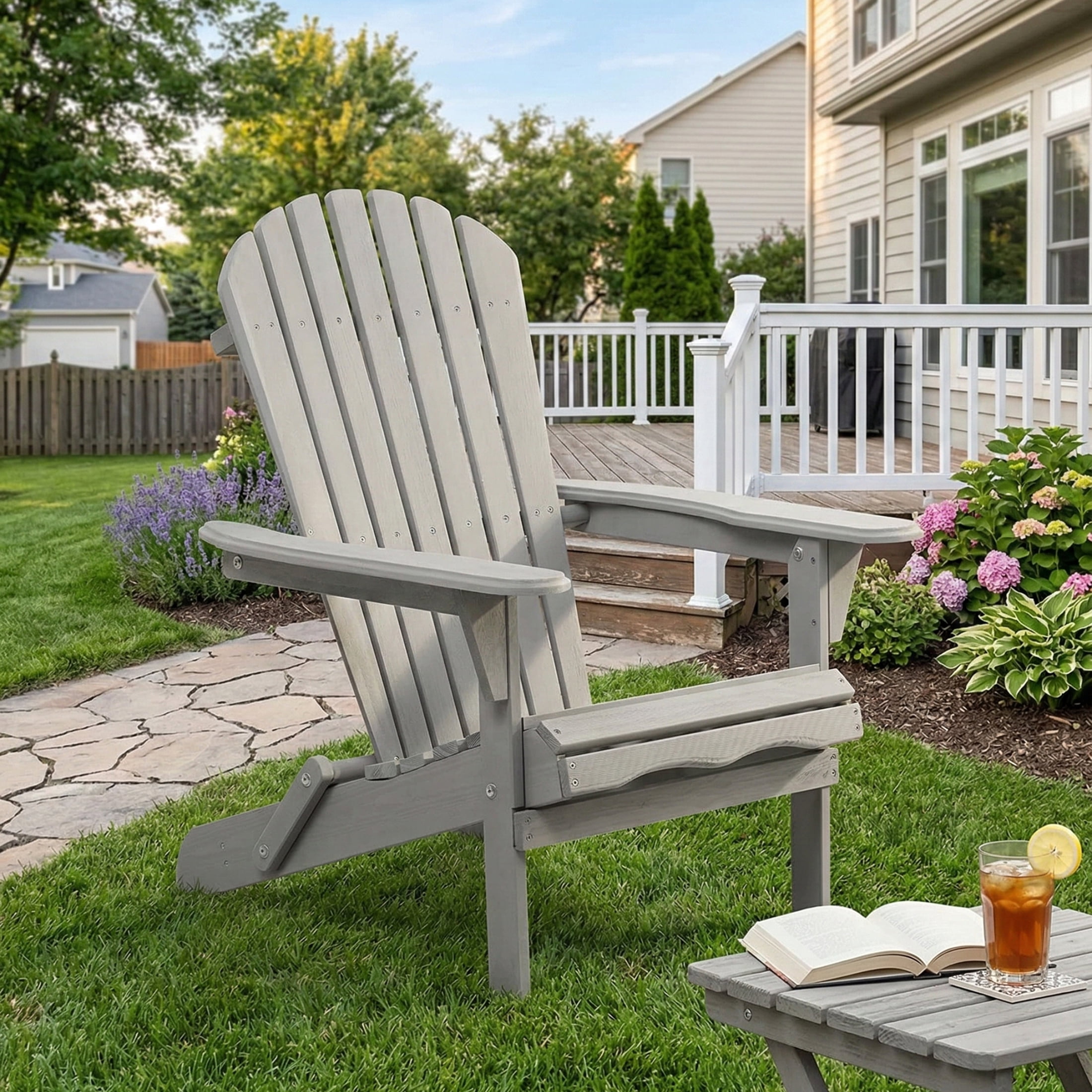 JXXRZ Wooden Folding Adirondack Chairs – Solid Cedar Outdoor Patio Garden Lounge,Grey (Set of 2)