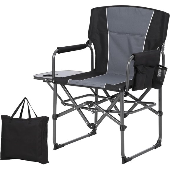 Historyli Foldable Oversized Camping Chair,Easy-Storage Heavy Duty Portable Folding Chair with Side Table,Pocket for Beach,Fishing,Trip,Concert Outdoor,Black