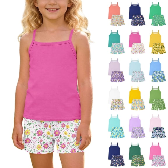 WAVSUF Girls Outfit Sets 2 Piece Square Neck Cami Tops and Floral Shorts Lightweight Summer Beach Vacation Clothes Pink Size 9-10