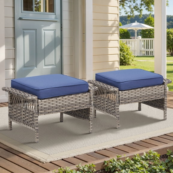 Set of 2 Outdoor Patio Wicker Ottomans with Blue Cushions, Gray Rattan Footrests for Backyard, Deck, or Garden Seating