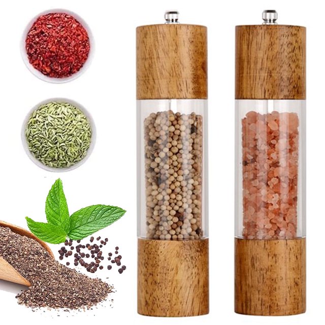 Haomacro - Juego de molinillos de sal y pimienta acrílicos premium de 8 pulgadas, manuales, de madera con núcleo de cerámica ajustable, paquete de 2