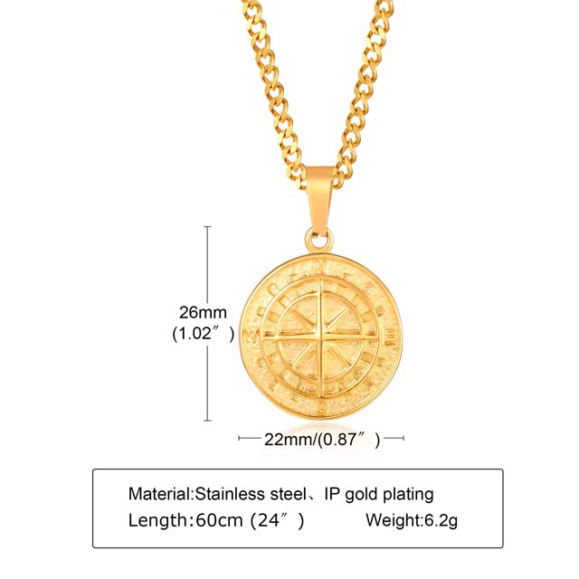 Colgante de brújula de acero inoxidable con moneda dorada, brújula, collar de hip hop para hombre, joyería