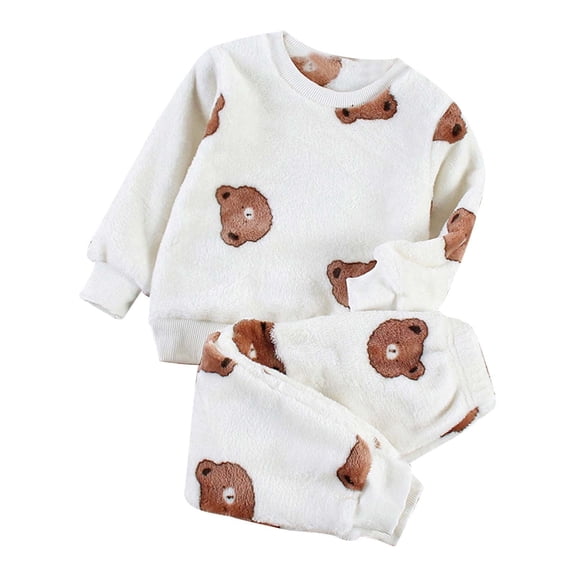 TBWNWG 2 Piece Toddler Boys Girls' Winter Pajama Set Warm Matching Sleepwear Set Tops Pants,Girls' Clothing Sets Beige,5-6 Years