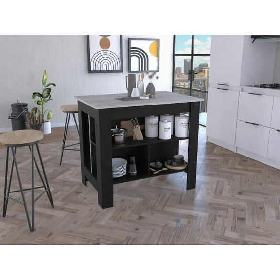 Dtwnek Wood Kitchen Island with 3 Shelves, Counter Height Table for Dining Room, Kitchen, Black Gray