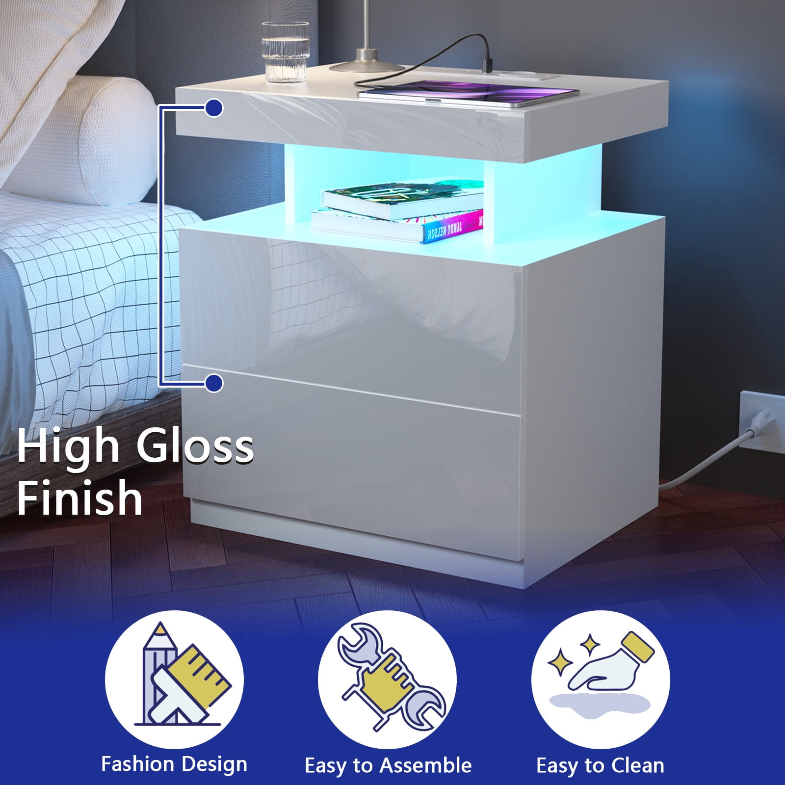 Hommpa Modern LED Nightstand with Charging Station USB Type C 2 Drawer Bedside Table High Gloss White Smart Nightstands End Side Table for Bedroom