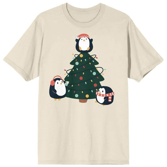 Christmas Critters Christmas Tree With Cartoon Penguins Crew Neck Short Sleeve Natural Adult T-shirt