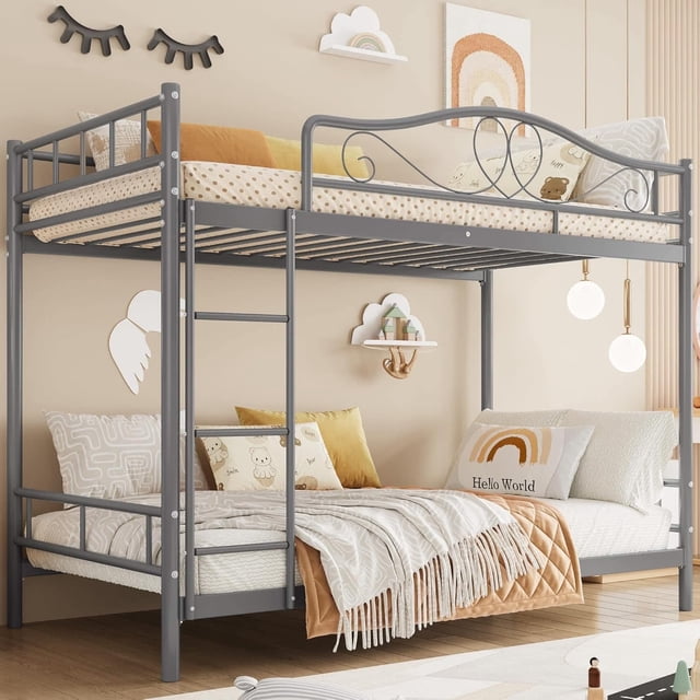 Ourlova Twin Over Twin Metal Bunk Bed with Ladder and Guardrails- Heavy Duty- 400 Lbs Capacity- No Box Spring Needed- Easy Assembly- Grey - Durable Bunk Bed Frame