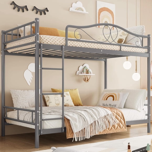 Ourlova Twin Over Twin Metal Bunk Bed with Ladder and Guardrails- Heavy Duty- 400 Lbs Capacity- No Box Spring Needed- Easy Assembly- Grey - Durable Bunk Bed Frame
