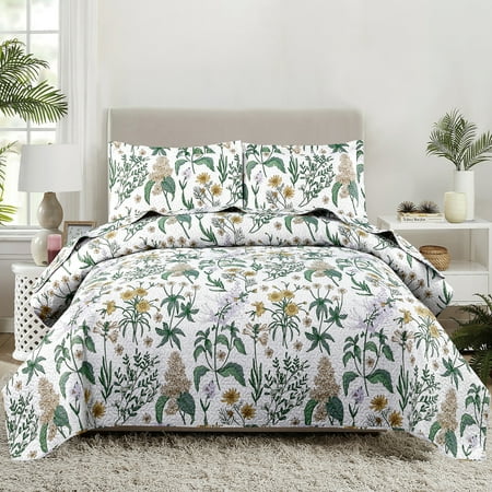Green Essen 3 Pcs Yellow Floral Lilac Quilts King Green Leaves Microfiber Bedspread