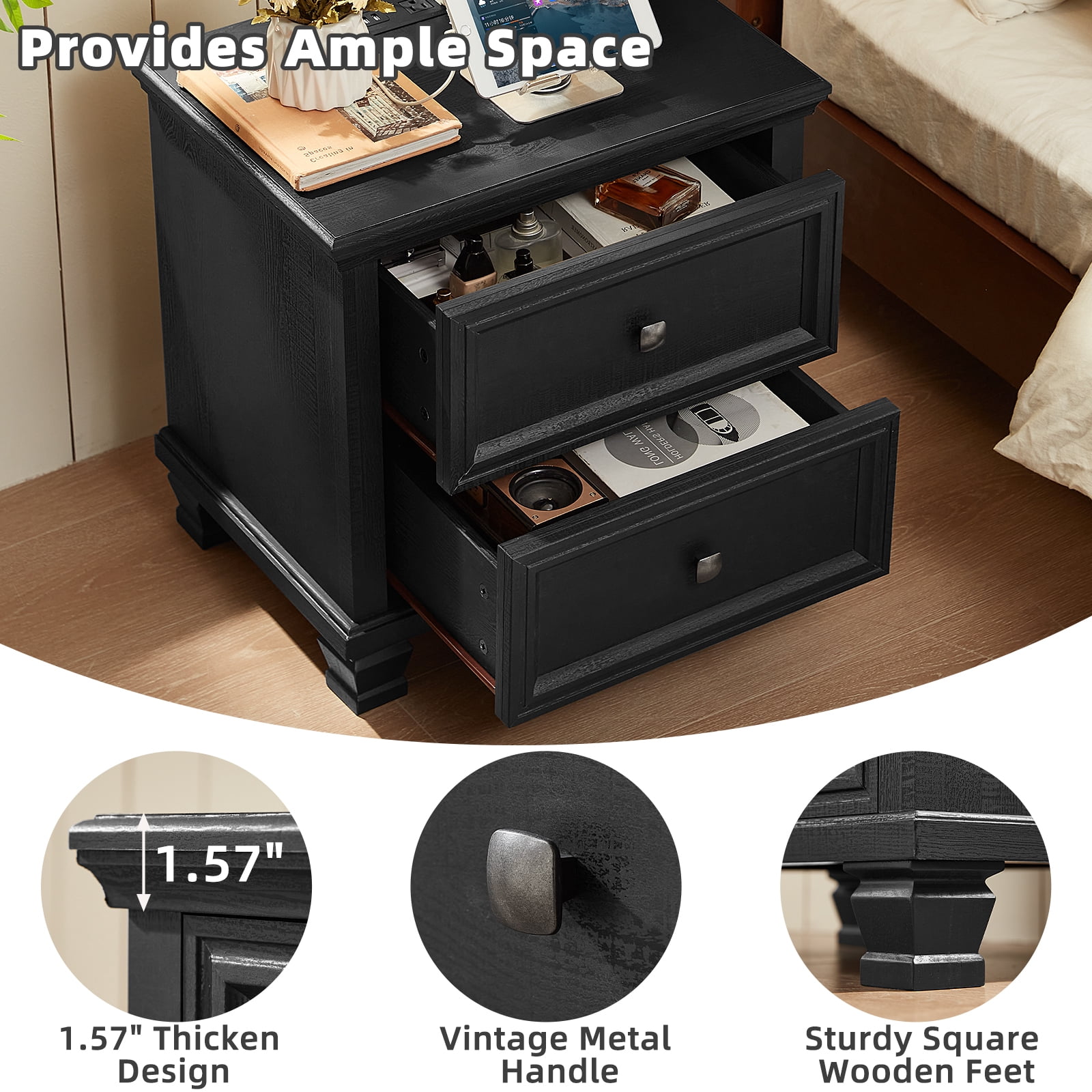 Buildhom Farmhouse Nightstand with Charging Station, 2-Drawer Rustic End Table with Solid Wood Legs for Bedroom, Black