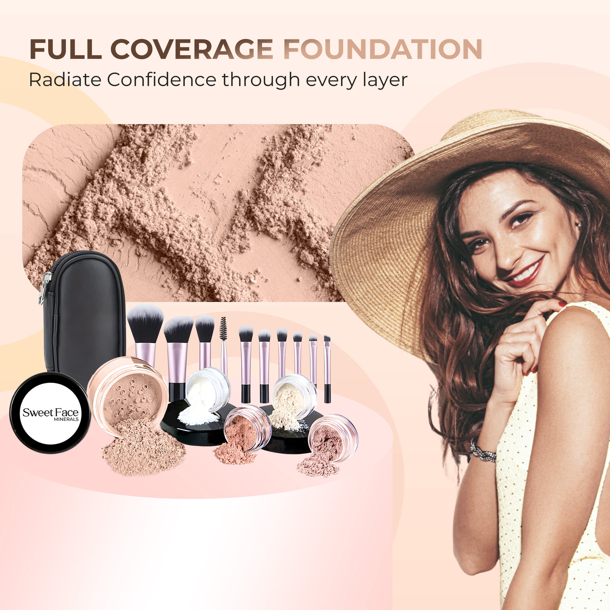 Starter Kit with 10-Piece Brush Set (LIGHT TAN) Mineral Makeup – 16-Piece Loose Powder Foundation, Blush, Bronzer, Translucent Setting Powder SPF 30 – Vegan Cruelty Free by Sweet Face Minerals