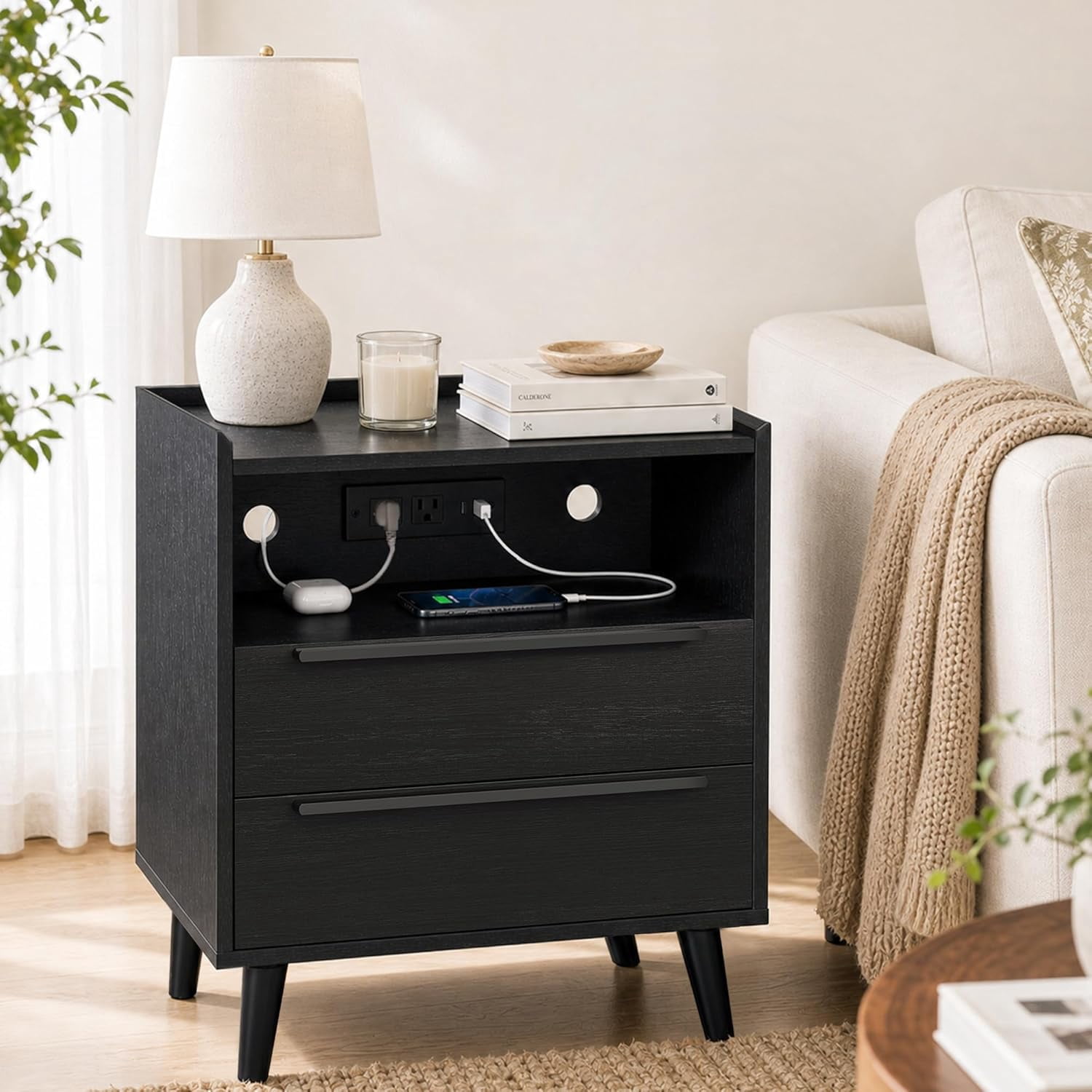 26" Tall Black Nightstand Set of 2 with Charging Station, 2 Drawer Modern Bedside Tables with Tray Top, USB & Type-C Ports and AC Outlets for Bedroom or Living Room