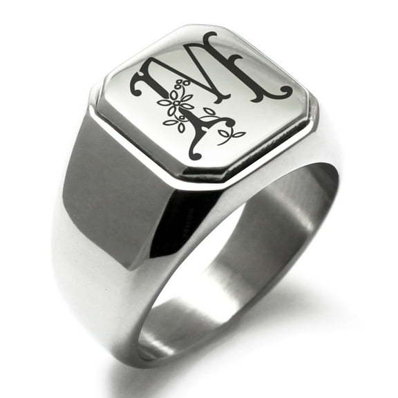 Tioneer Stainless Steel Letter M Initial Floral Monogram Engraved Square Flat Top Biker Style Polished Signet Ring
