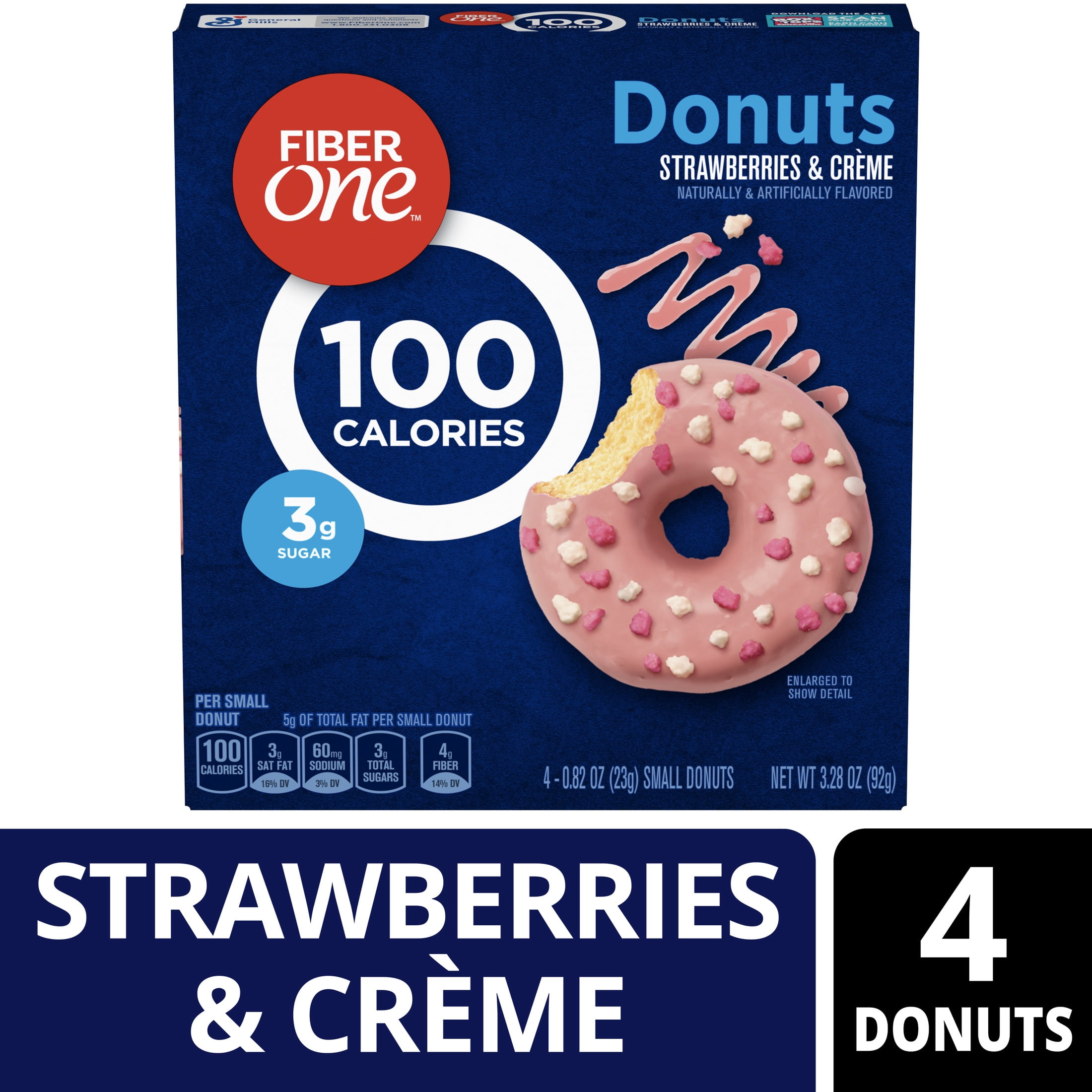 (4 pack) Fiber One 100 Calorie Donuts, Strawberries and Creme, 3g Sugar, 4 Count, 3.28 oz