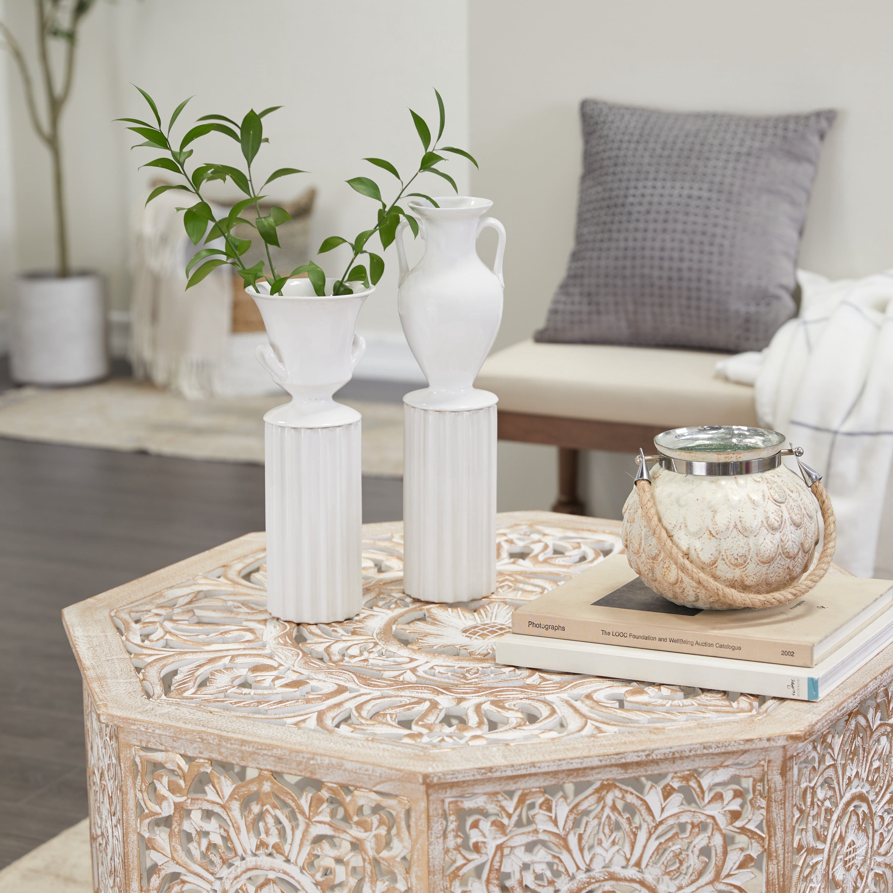 DecMode 16", 13"H Greek Inspired White Porcelain Vase, Set of 2