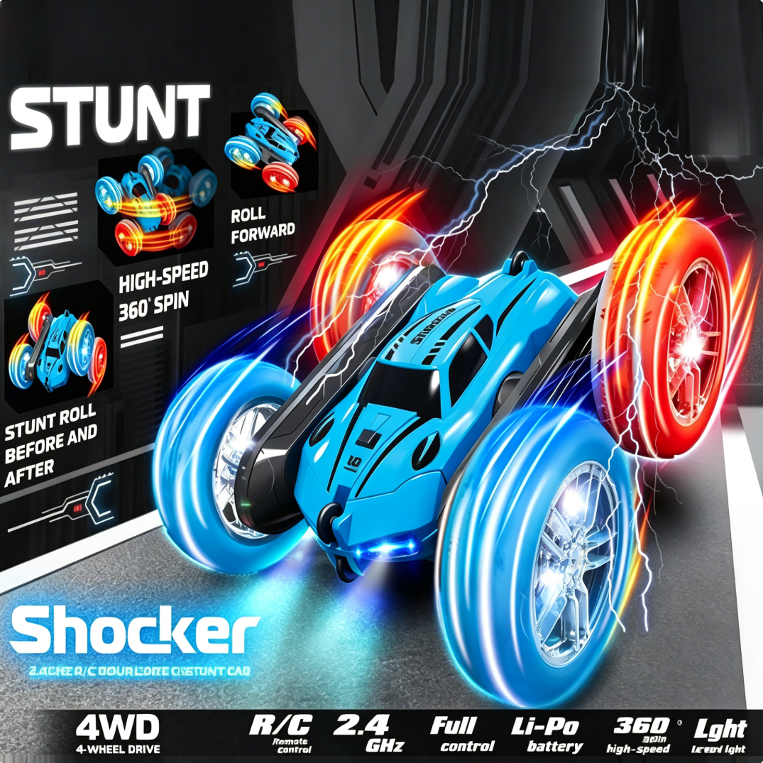 HNH Remote Control Stunt Car, 4WD 360° Flip Double‑Sided RC Cars Toys for Kids Ages 4-12, 2 Batteries, Blue