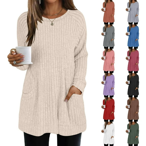 Helii Women Fall Long Sleeve Shirt Tunic Tops Knit Dressy Sweatshirt Crew Neck Pullover Clothes with Pockets for Women Causal Beige S