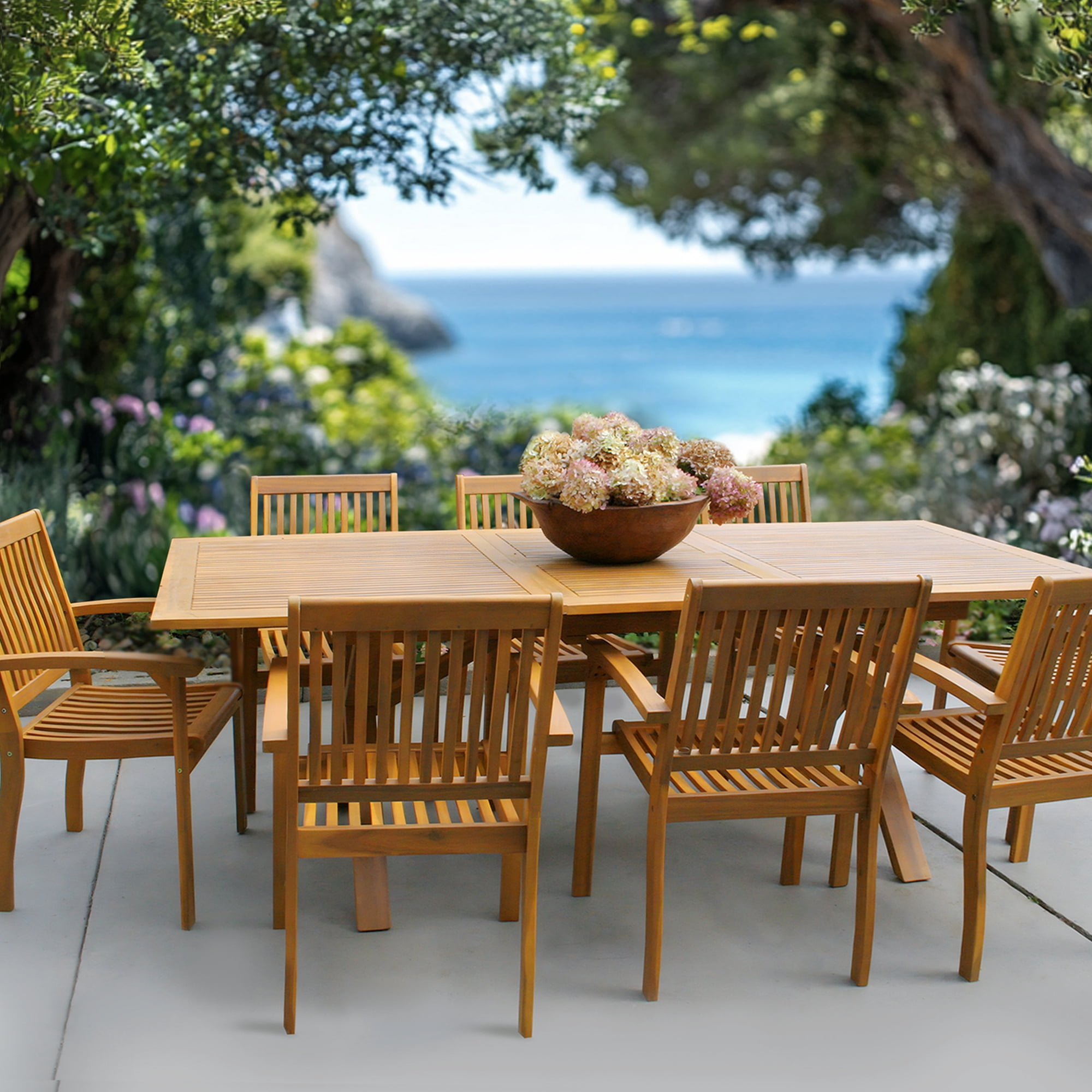 SUMMIT LIVING 9-Piece Acacia Wood Outdoor Patio Dining Set with 8 Wooden Chairs & 1 Expandable Wooden Dining Table with Umbrella Hole for 8 Person