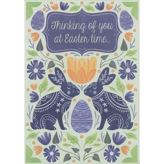 Designer Greetings Symmetrical Blue Rabbits with Sparkling Accents, Egg and Flowers Thinking of You Easter Card