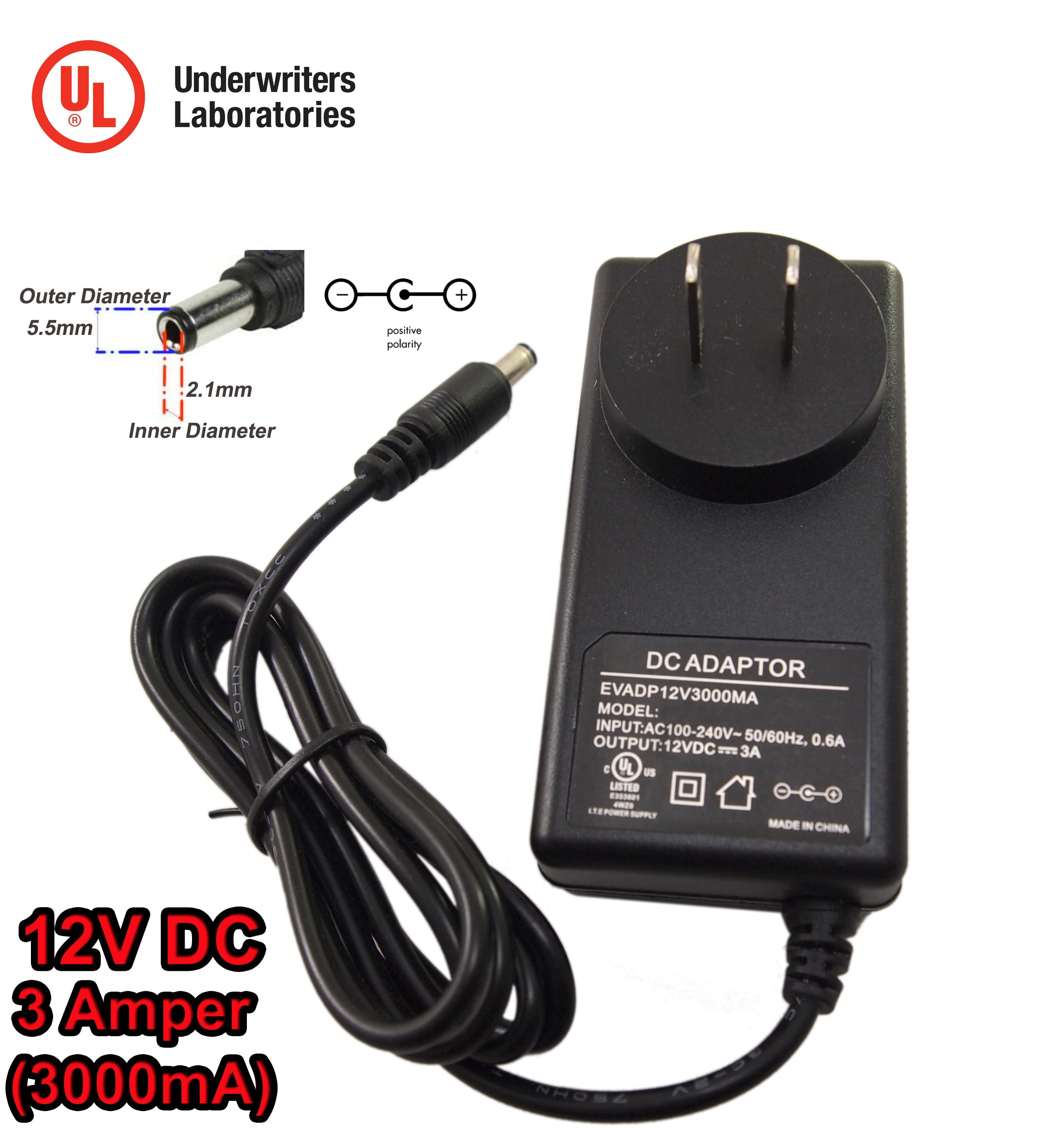 Evertech DC 12V 3 Amp 3000mA UL certified Power Supply Adapter for