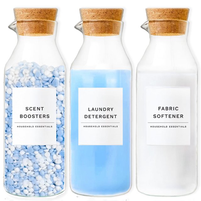 Distributeur de Détergent à Lessive en Verre avec Couvercles en Liège, Distributeur d'Assouplissant, Lot de 3 Bouteilles de Lessive, Contenants de Détergent Liquide, Rehausseur de Parfum et Récipient de Blanchiment
