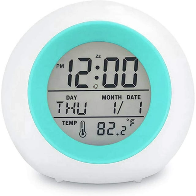 Kids Digital Alarm Clock, 7 Color Night Light, Snooze, Temperature Detect for Toddler, Children Boys and Girls, Students to Wake up at Bedroom, Bedside, Batteries Operated (Blue)