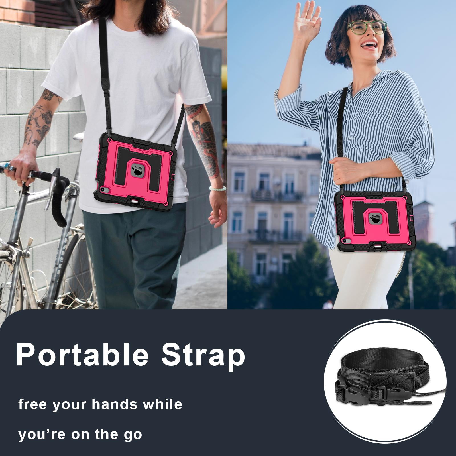 ELEHOLD 3-Layer Rugged Case For Apple iPad Air 11 (2025 / 2024) Heavy Duty Shockproof Cover, [Drop Protection], [Logo Visible], With Kickstand & Pencil Holder & Shoulder Strap, Black+Rose