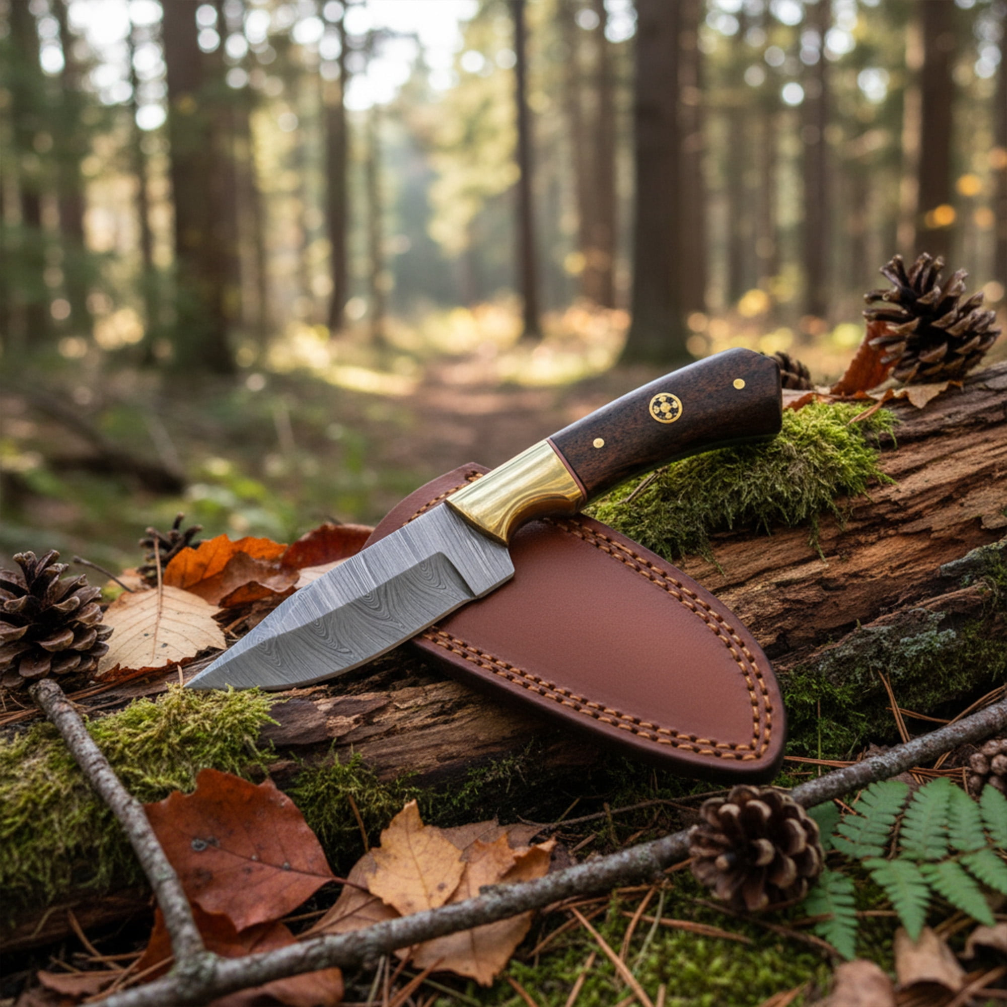 SANZ 6.5 Inch Bronze Baron Skinner Knife Damascus Blade Walnut Handle Full Tang Outdoor Hunting Knife With Leather Sheath Filework Design