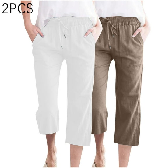 MELDVDIB 2PCS Womens Linen Capri Pants Elastic Waist Drawstring Straight Wide Leg Capris Cropped Trousers Summer Casual Loose Yoga Beach Pants