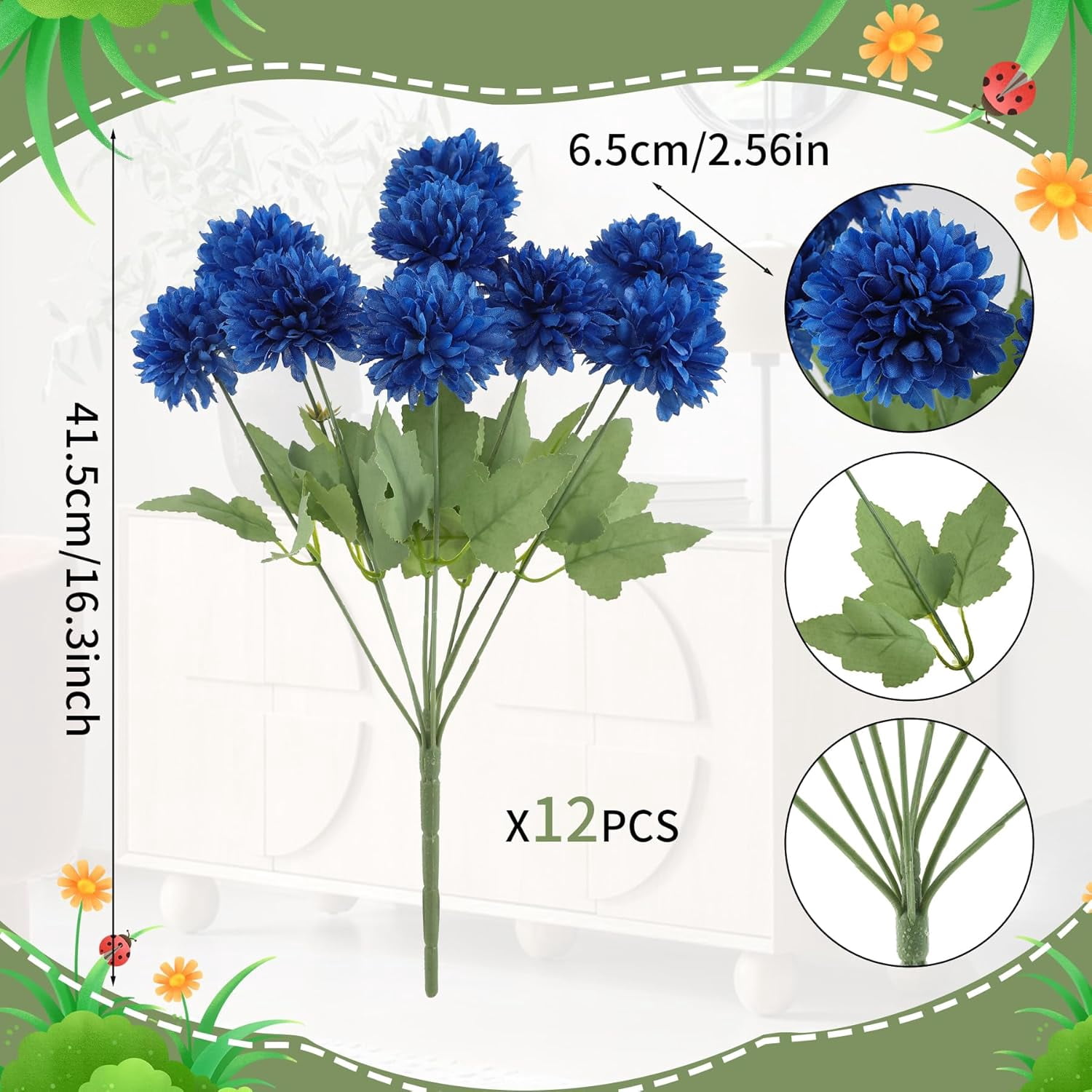 12 Bundle Artificial Mums Flowers Deep Blue, Lifelike Silk Chrysanthemum Bouquet for Outdoor Indoor Vase Wedding Home Decor