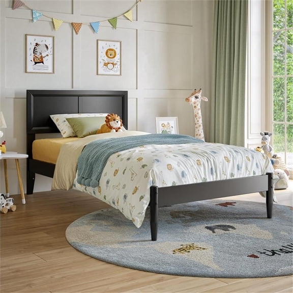Pemberly Row Twin Solid Wood Platform Bed with Slat Support in Black