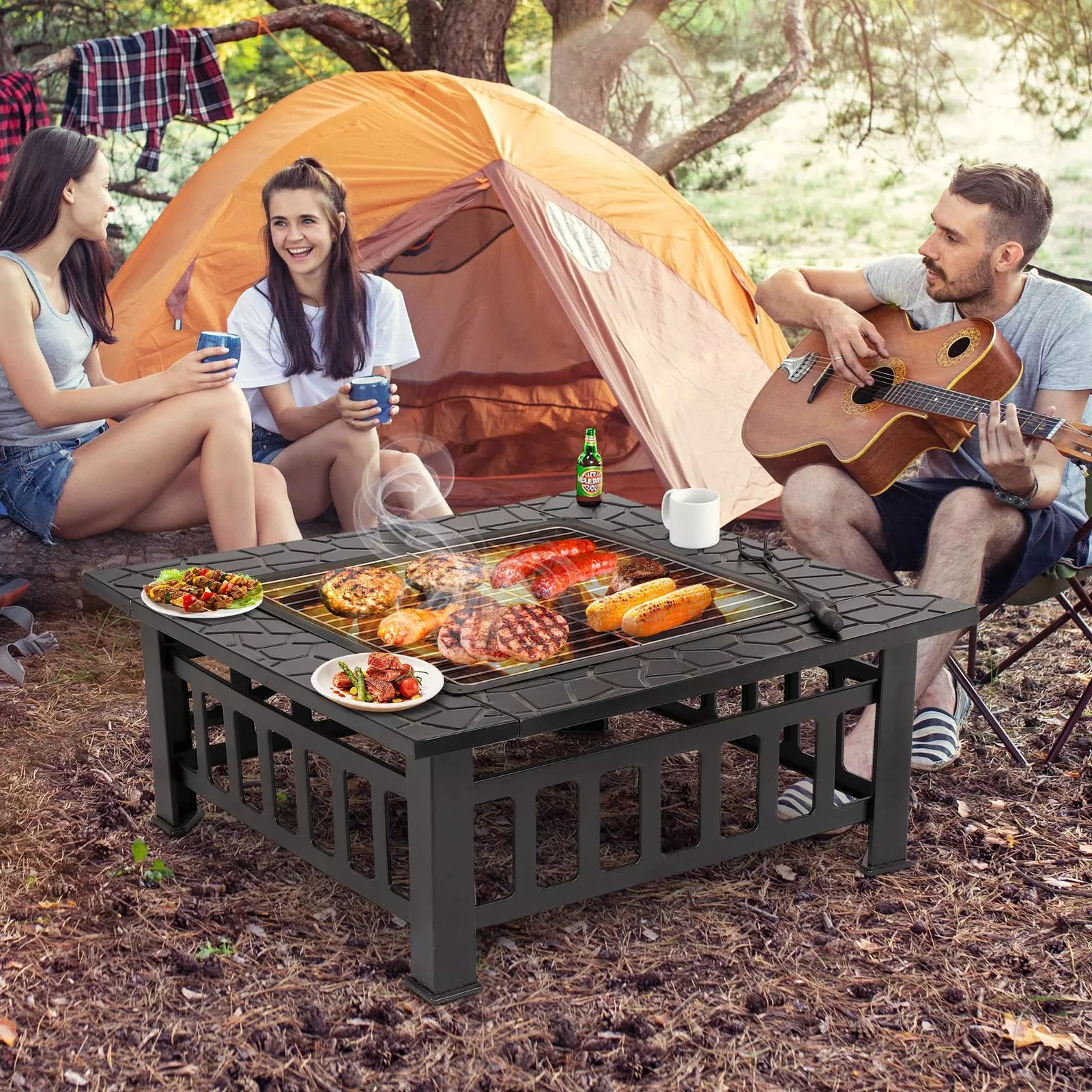 Sgokeen Fire Pit for Outside, 32" Outdoor Wood Burning Firepit with Fireplace Screen, Patio Fireplace Square Metal Stove for Camping, Outdoor Heating, Bonfire and Picnic, Black