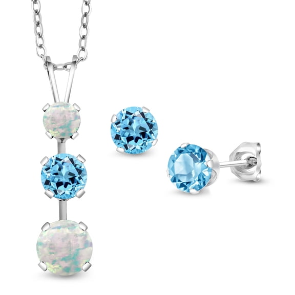 Gem Stone King 925 Sterling Silver White Opal and Swiss Blue Topaz Pendant and Earrings Jewelry Set for Women (2.50 Cttw, Gemstone October Birthstone, with 18 inch Chain)
