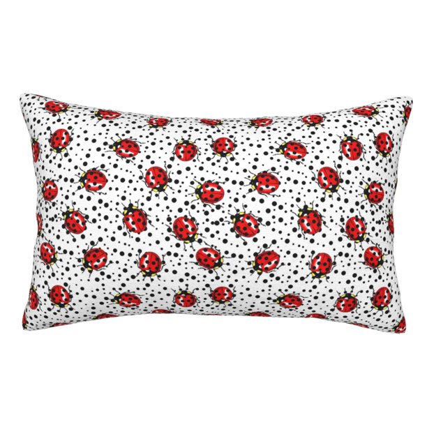 Fotbe Red Ladybugs On Black Dotted Funda de Almohada Decorativa Estilo Occidental, Lujo en Algodón, Fundas para Almohadas King, Cojín Estampado para Decoración del Hogar-14"x20"
