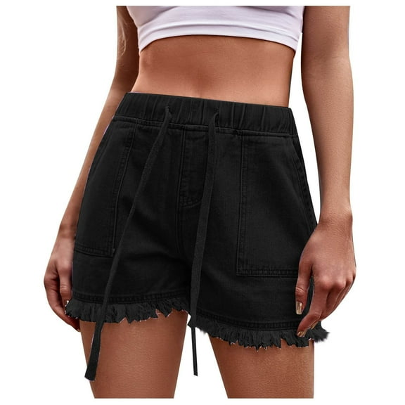 Edvintorg Jeans Shorts Women Summer 2025 Streetwear Female Shorts with Pockets Solid Color Drawstring Frenulum Leisure Casual Denim Shorts Black XXL