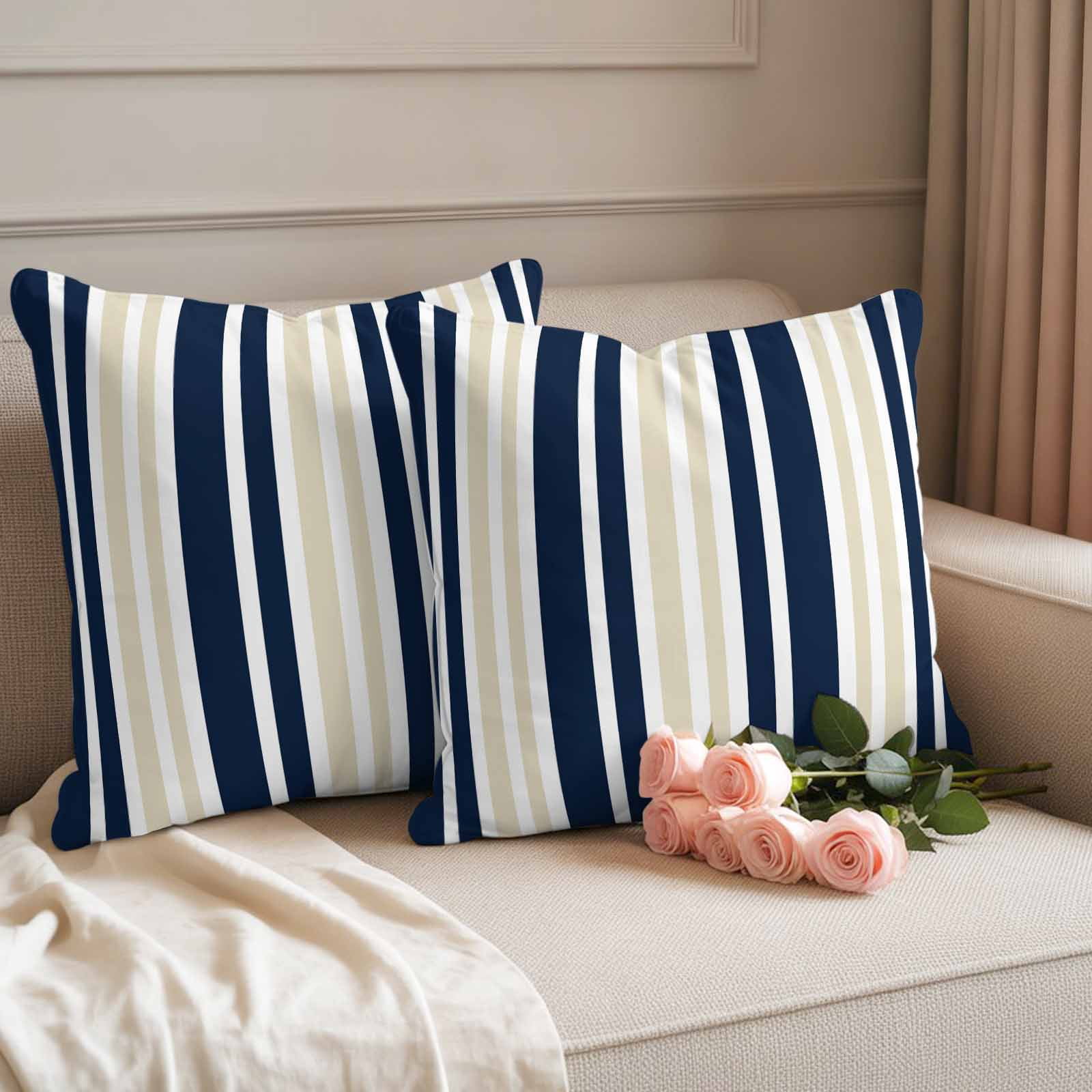 Navy Blue Khaki Striped Outdoor Waterproof Pillow Covers, Modern Minimalist Ombre Lines Decorative Square Throw Pillowcase Sofa Cushion Sham for Patio/Couch/Chair, 20"x20" 2 Pack