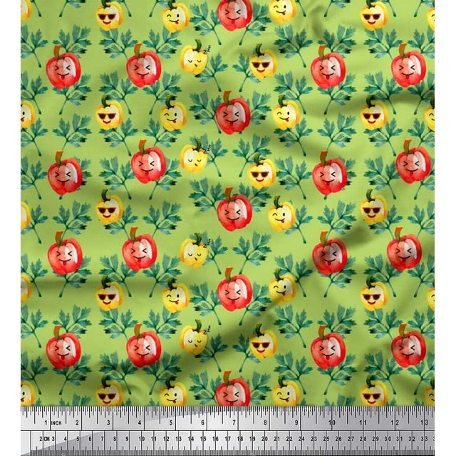 Soimoi Green Poly Georgette Fabric Leaves & Colorful Capsicum Vegetable Printed Fabric 1 Yard 52 Inch Wide