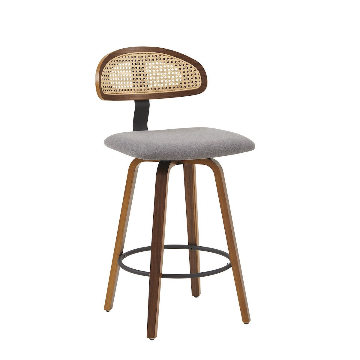 360° Swivel Rattan Bar Stools Set of 1, Counter Height Modern Kitchen Island Stools With Footrest, Uphostered Cushion, Comfortable Durable, Dark Grey