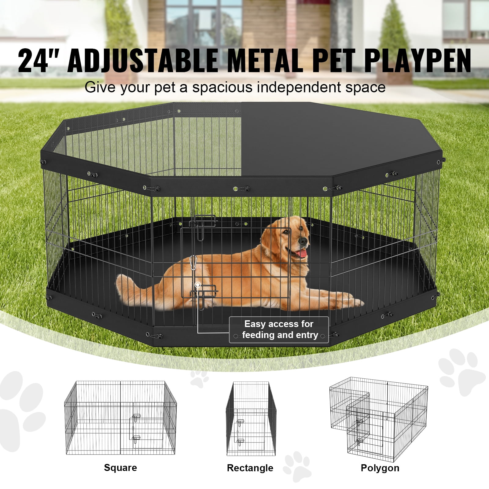 KFFKFF Canine Play Area, 8 Panels Dog Playpen with Cover and Mat, 24" Octagonal Collapsible Iron Pet Exercise Enclosure, Pet Barrier Puppy Cage Shelter, Indoor Outdoor Pet Play Zone