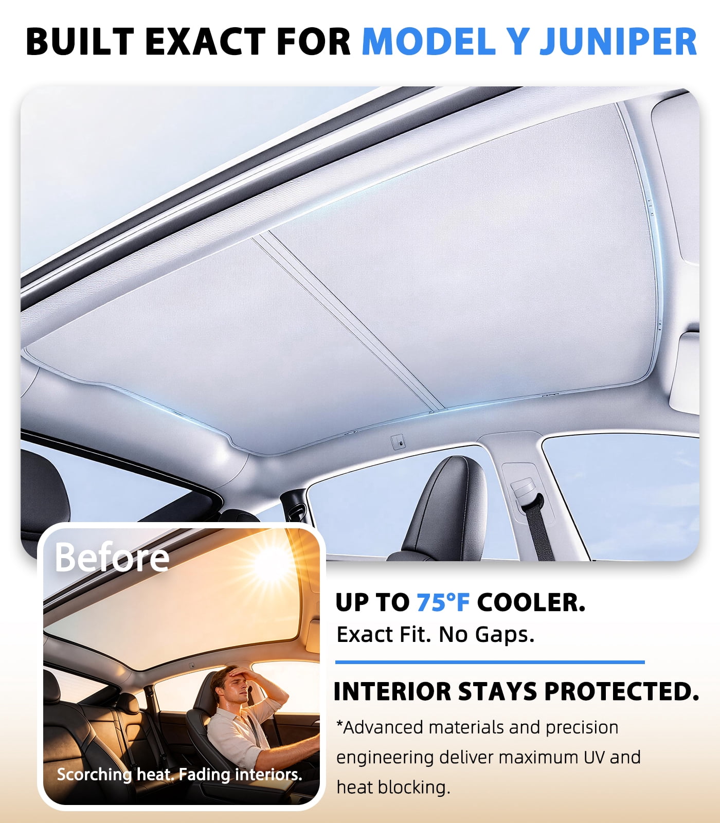 Goldforest 2025-2026 Tesla Model Y Juniper Sunshade Roof [Headliner-Match Gray, Never Sag, Ice-Crystal Coating] Heat Insulation No-Gap Foldable Glass Sunroof Cover, Interior Gray