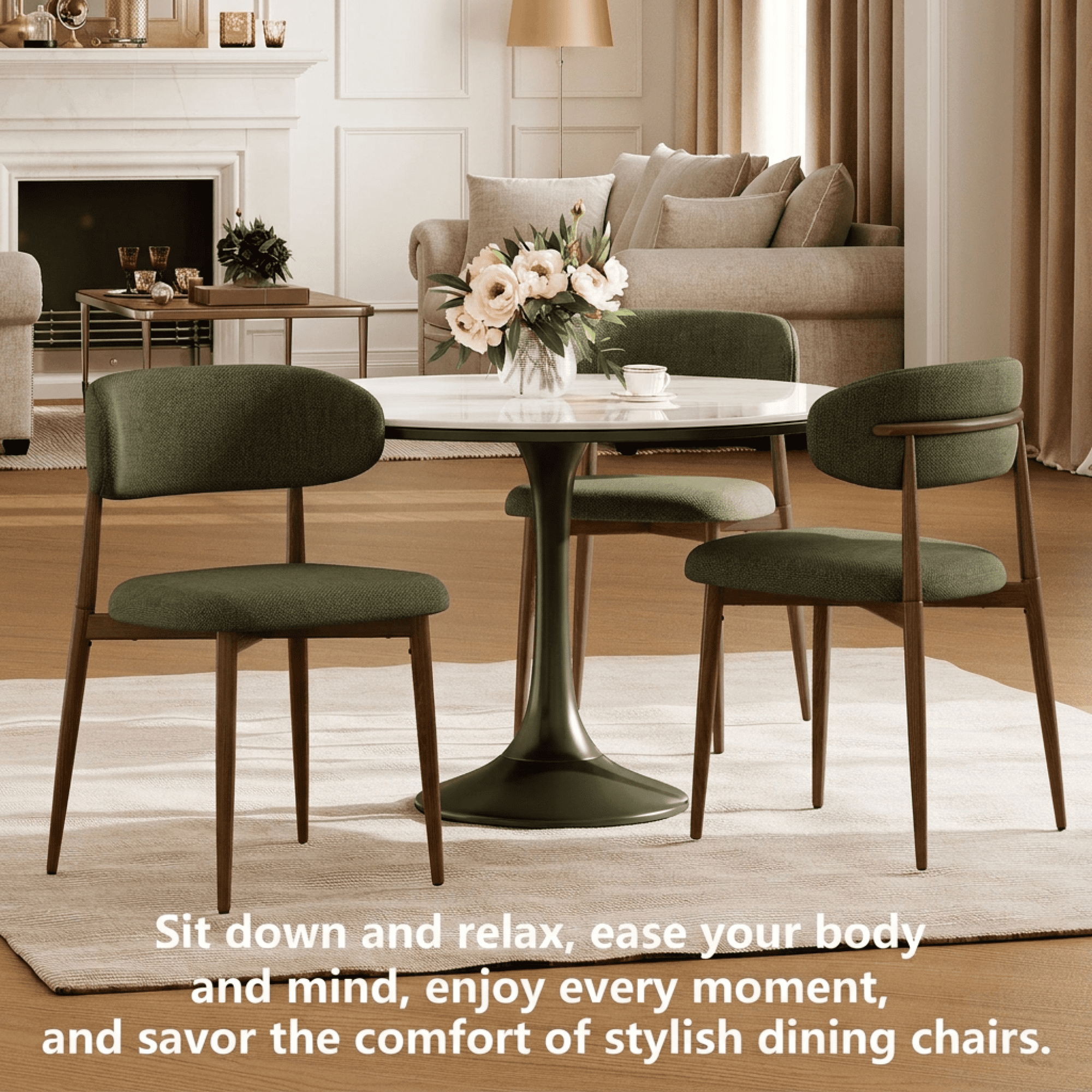 Leumius Dining Chairs Set of 2, Modern Metal Kitchen Chairs with Fabric Upholstered for Dining Room Kitchen Green